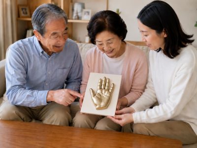 家族で見つめる金色の手形プレート 家族で見つめる金色の手形プレート
