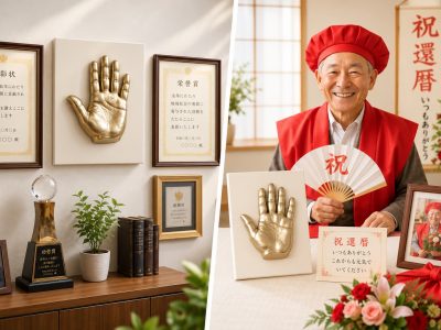 金色の手形と還暦祝いの記念風景 金色の手形と還暦祝いの記念風景